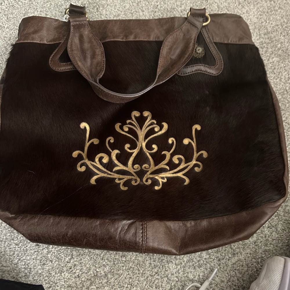 Vintage Brown Embroidered Leather Tote Bag with Pony Fur